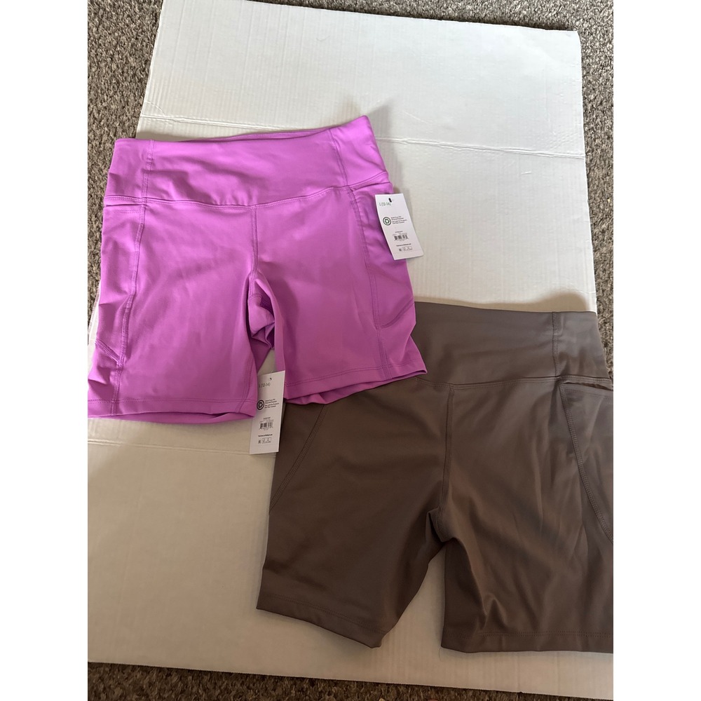 Athletic Works Womens Bike Shorts 2 Pack Fleur Purple Manatee Taupe Large 12-14